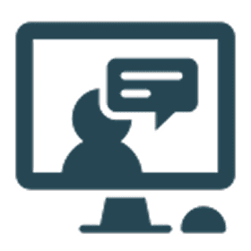 A computer screen with a person and speech bubble on it.